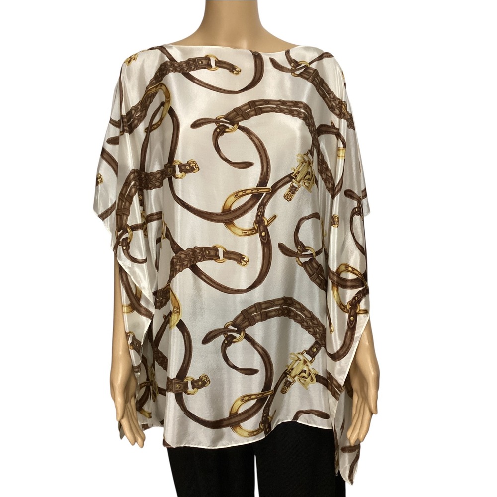 Lauren Ralph Lauren Silk Poncho Top Equestrian Belt Print Cream Brown Gold OS